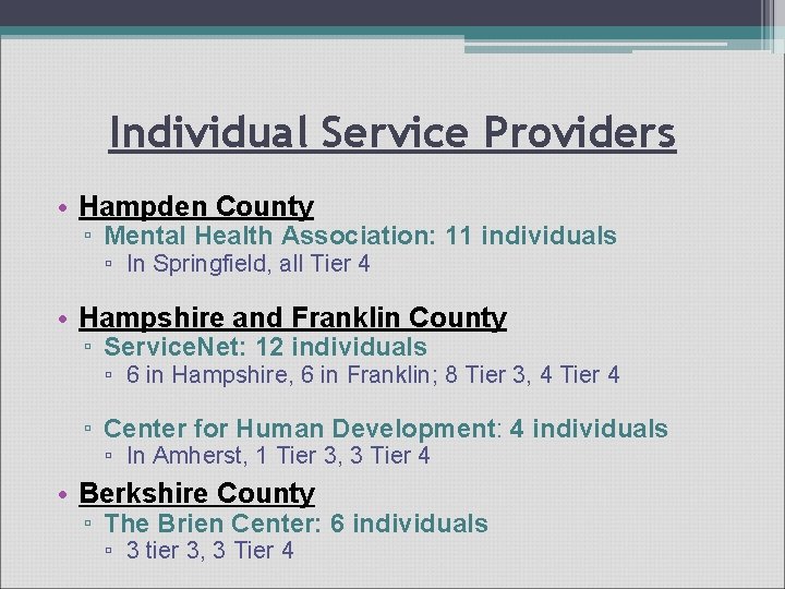 Individual Service Providers • Hampden County ▫ Mental Health Association: 11 individuals ▫ In