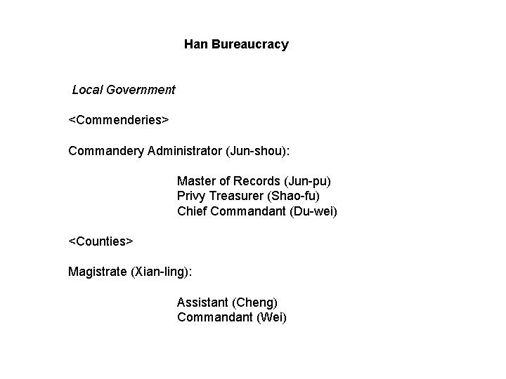 Han Bureaucracy Local Government <Commenderies> Commandery Administrator (Jun-shou): Master of Records (Jun-pu) Privy Treasurer