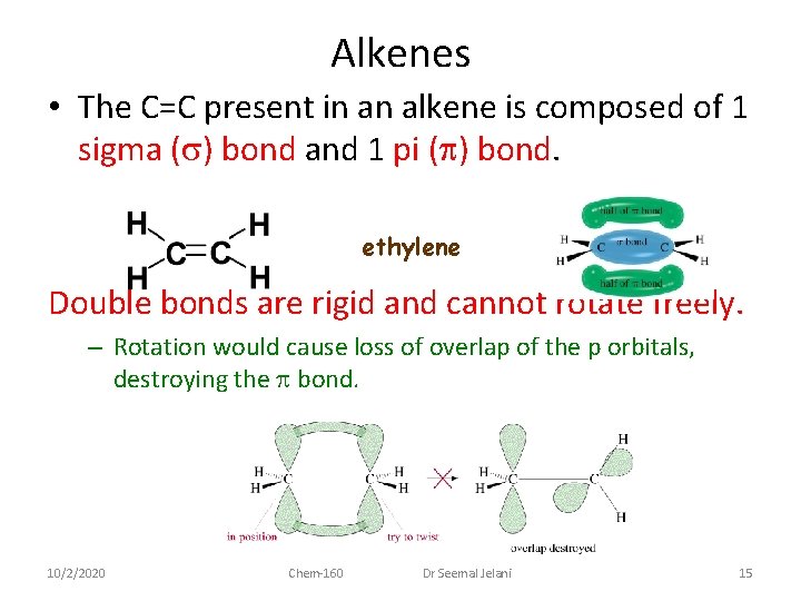 Alkenes • The C=C present in an alkene is composed of 1 sigma (s)