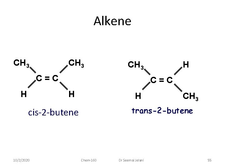 Alkene CH 3 C=C H H CH 3 trans-2 -butene cis-2 -butene 10/2/2020 H