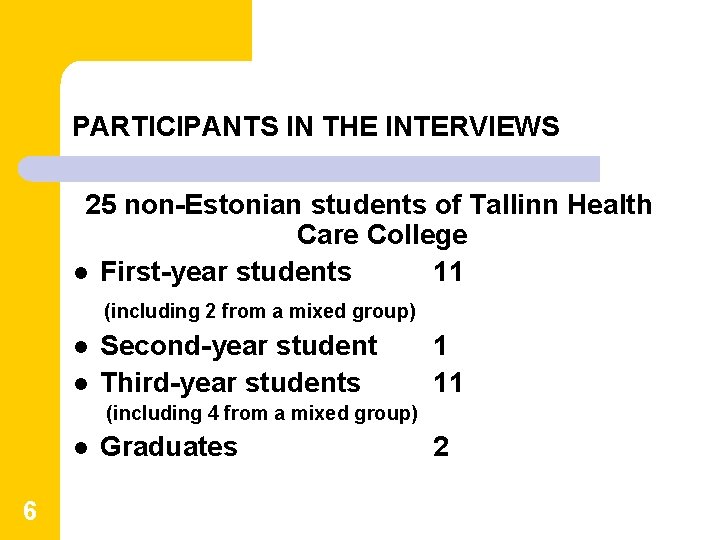 PARTICIPANTS IN THE INTERVIEWS 25 non-Estonian students of Tallinn Health Care College l First-year PARTICIPANTS IN THE INTERVIEWS 25 non-Estonian students of Tallinn Health Care College l First-year