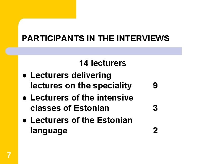 PARTICIPANTS IN THE INTERVIEWS l l l 7 14 lecturers Lecturers delivering lectures on PARTICIPANTS IN THE INTERVIEWS l l l 7 14 lecturers Lecturers delivering lectures on