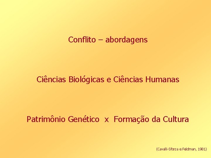 Conflito – abordagens Ciências Biológicas e Ciências Humanas Patrimônio Genético x Formação da Cultura