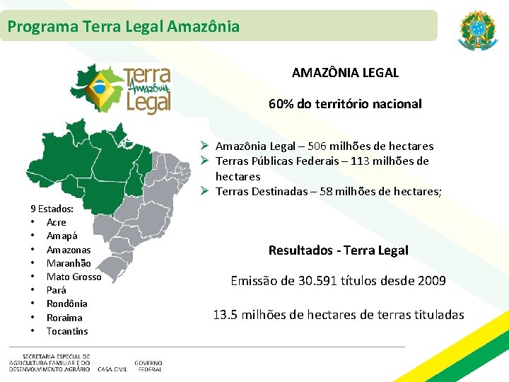 Programa Terra Legal Amazônia AMAZÔNIA LEGAL 60% do território nacional Ø Amazônia Legal –