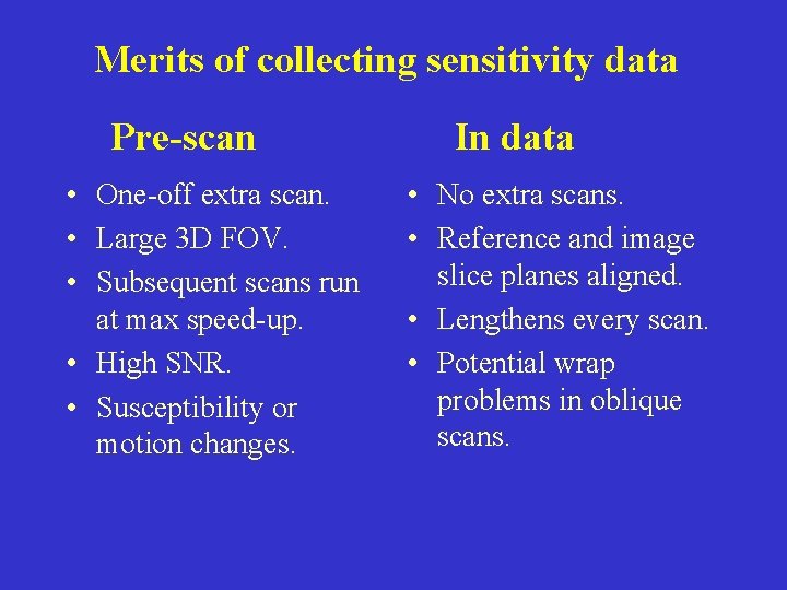 Merits of collecting sensitivity data Pre-scan • One-off extra scan. • Large 3 D