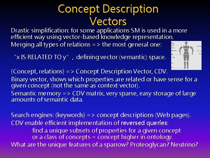 Concept Description Vectors Drastic simplification: for some applications SM is used in a more