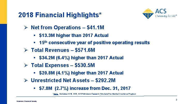 2018 Financial Highlights* Ø Net from Operations – $41. 1 M § $13. 3