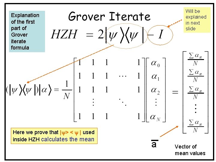 Will be explained in next slide Explanation of the first part of Grover iterate