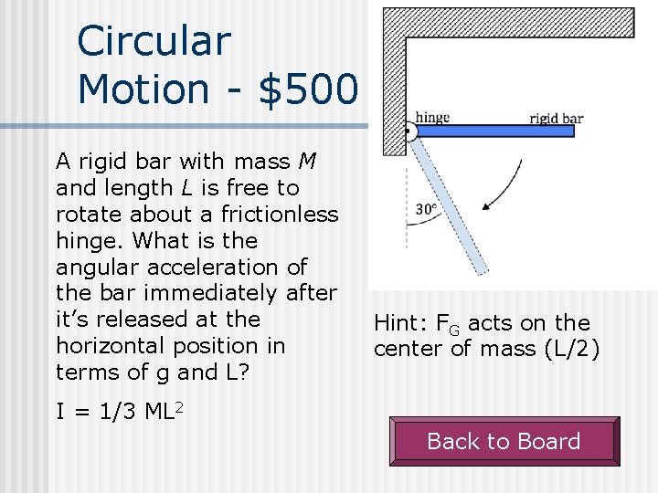 Circular Motion - $500 A rigid bar with mass M and length L is