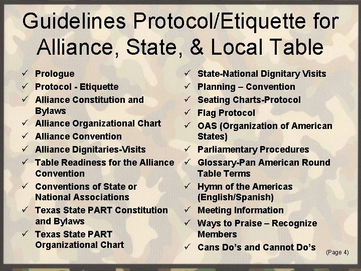 Guidelines Protocol/Etiquette for Alliance, State, & Local Table ü Prologue ü Protocol - Etiquette