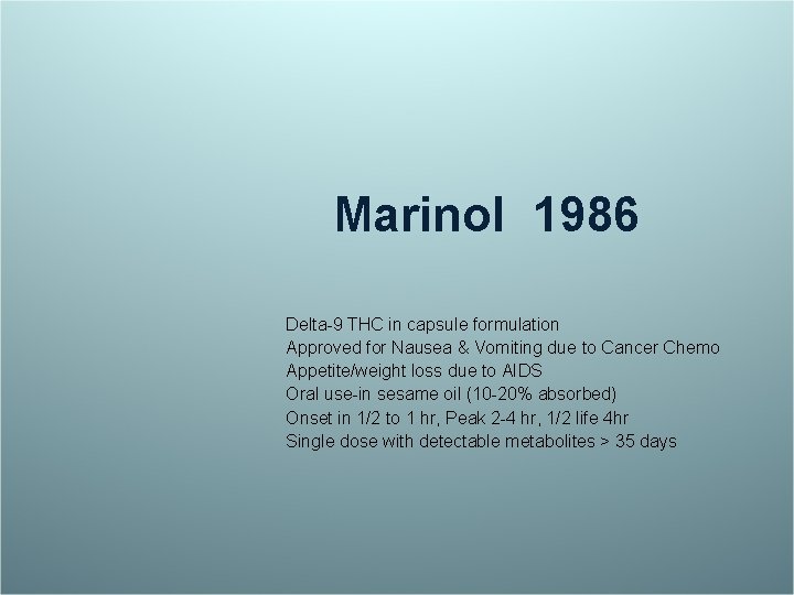 Marinol 1986 Delta-9 THC in capsule formulation Approved for Nausea & Vomiting due to