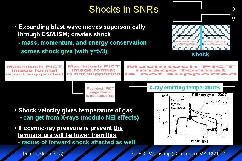 r v Shocks in SNRs • Expanding blast wave moves supersonically through CSM/ISM; creates