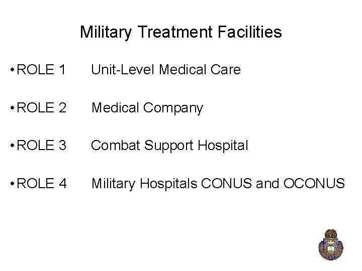 Military Treatment Facilities • ROLE 1 Unit-Level Medical Care • ROLE 2 Medical Company