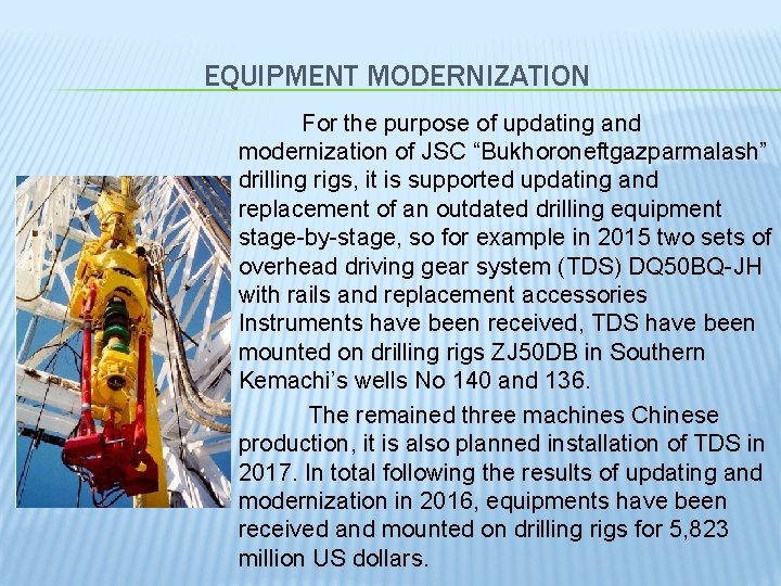 EQUIPMENT MODERNIZATION For the purpose of updating and modernization of JSC “Bukhoroneftgazparmalash” drilling rigs,