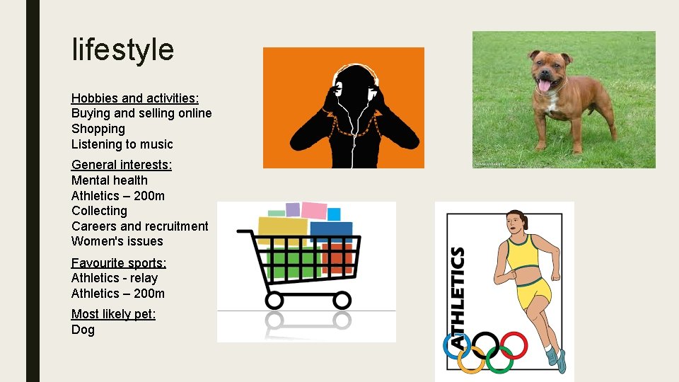 lifestyle Hobbies and activities: Buying and selling online Shopping Listening to music General interests: