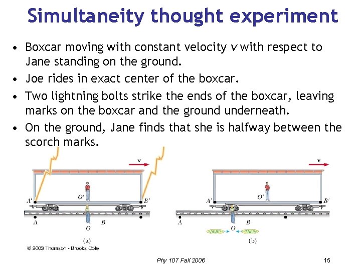 Simultaneity thought experiment • Boxcar moving with constant velocity v with respect to Jane