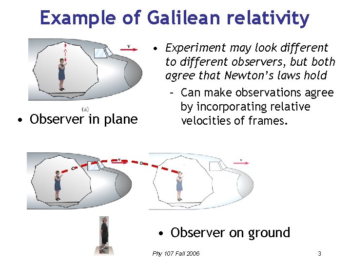 Example of Galilean relativity • Observer in plane • Experiment may look different to