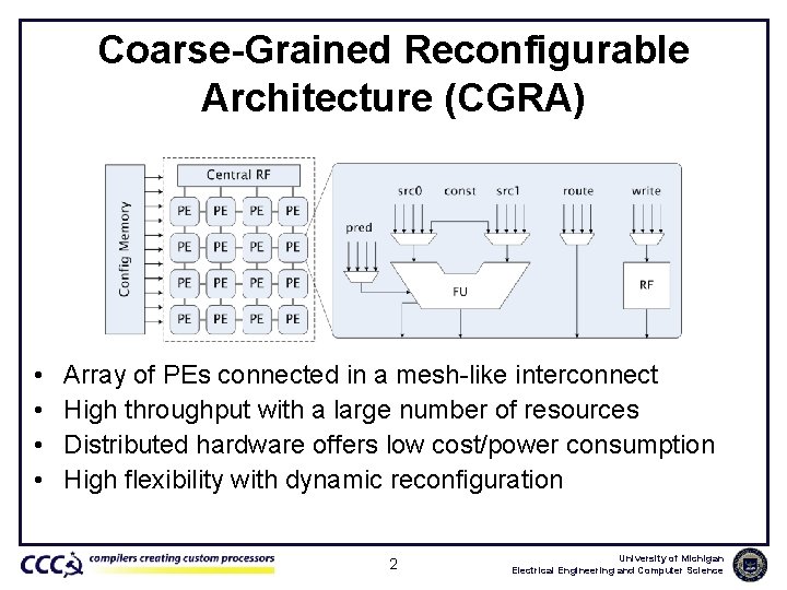 Coarse-Grained Reconfigurable Architecture (CGRA) • • Array of PEs connected in a mesh-like interconnect