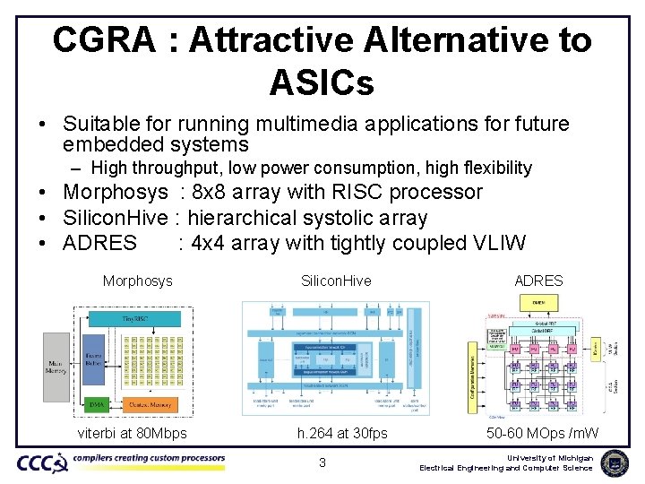 CGRA : Attractive Alternative to ASICs • Suitable for running multimedia applications for future