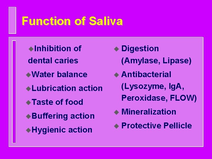 Function of Saliva u. Inhibition of dental caries u. Water balance u. Lubrication u.