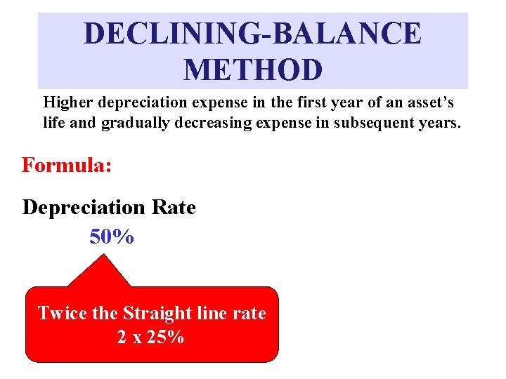 DECLINING-BALANCE METHOD Higher depreciation expense in the first year of an asset’s life and