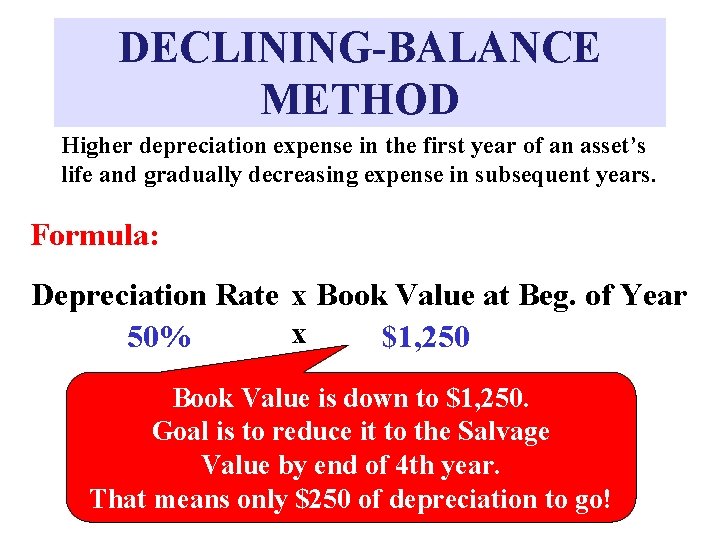 DECLINING-BALANCE METHOD Higher depreciation expense in the first year of an asset’s life and
