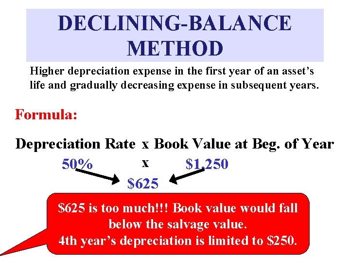 DECLINING-BALANCE METHOD Higher depreciation expense in the first year of an asset’s life and