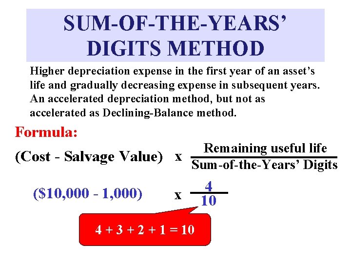SUM-OF-THE-YEARS’ DIGITS METHOD Higher depreciation expense in the first year of an asset’s life