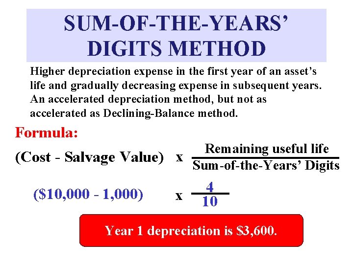 SUM-OF-THE-YEARS’ DIGITS METHOD Higher depreciation expense in the first year of an asset’s life