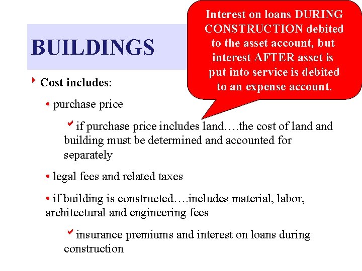 BUILDINGS 8 Cost includes: Interest on loans DURING CONSTRUCTION debited to the asset account,