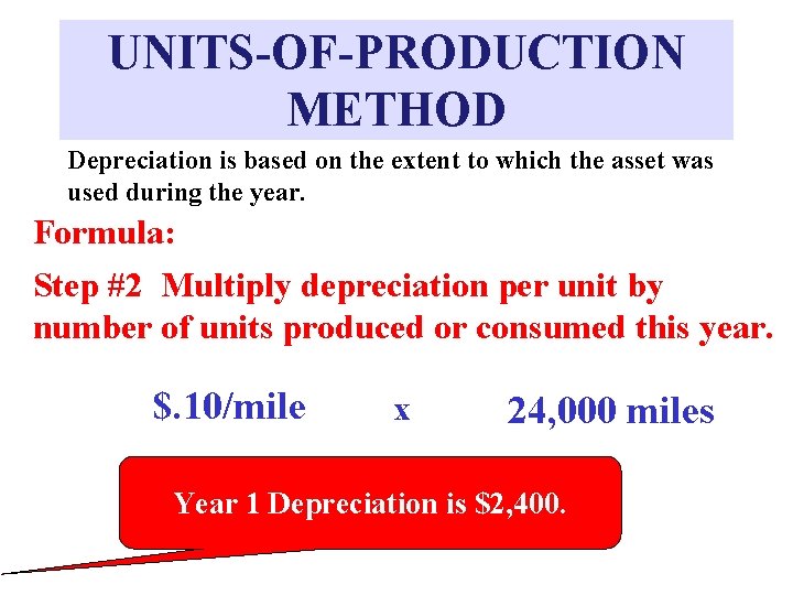 UNITS-OF-PRODUCTION METHOD Depreciation is based on the extent to which the asset was used