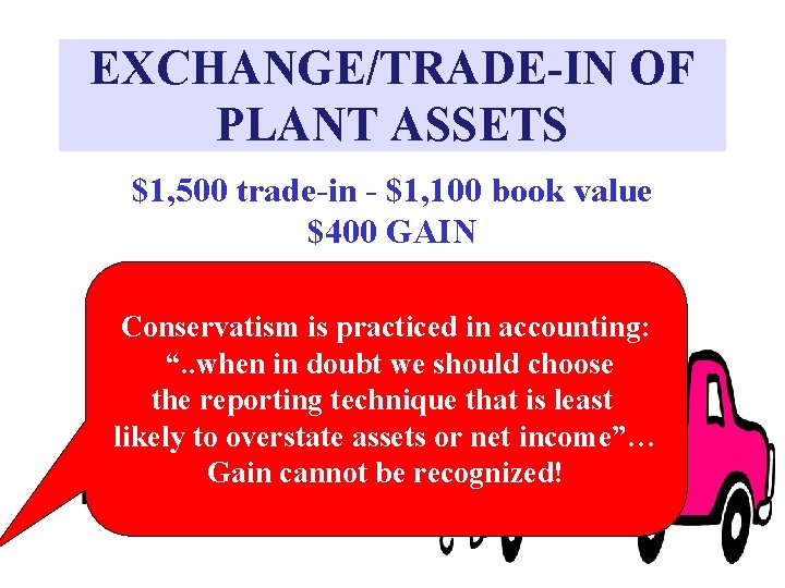 EXCHANGE/TRADE-IN OF PLANT ASSETS $1, 500 trade-in - $1, 100 book value $400 GAIN