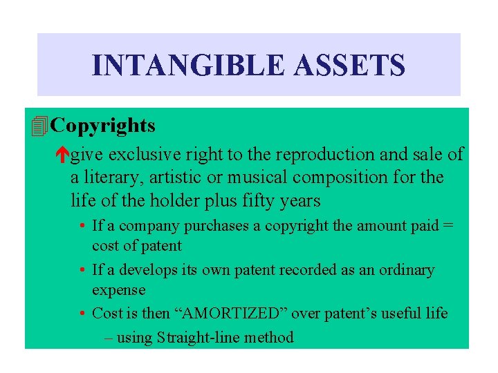 INTANGIBLE ASSETS 4 Copyrights égive exclusive right to the reproduction and sale of a