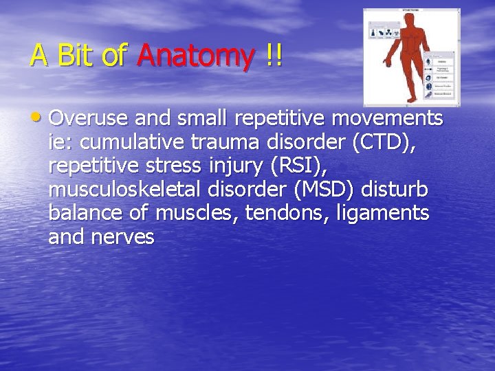 A Bit of Anatomy !! • Overuse and small repetitive movements ie: cumulative trauma A Bit of Anatomy !! • Overuse and small repetitive movements ie: cumulative trauma