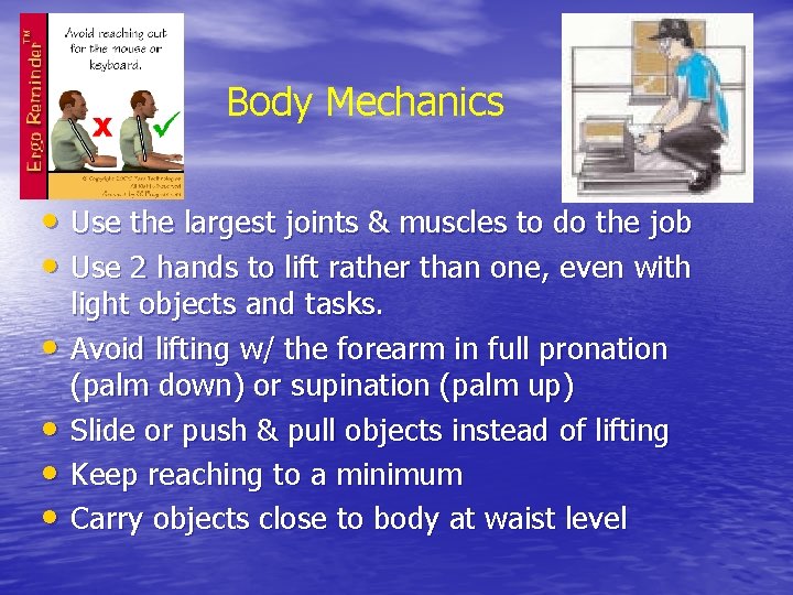Body Mechanics • Use the largest joints & muscles to do the job • Body Mechanics • Use the largest joints & muscles to do the job •