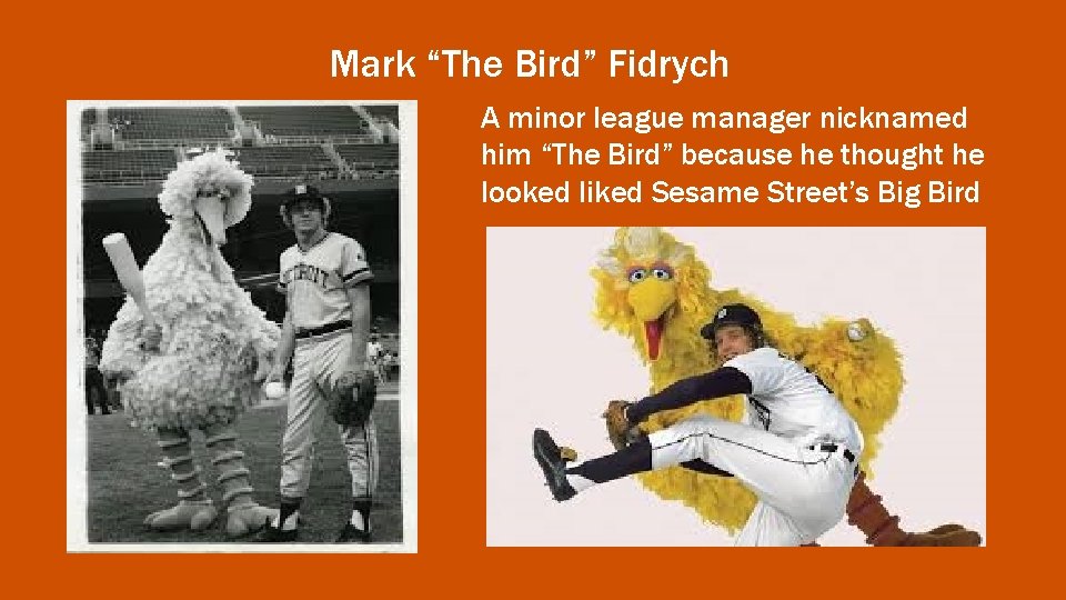Mark “The Bird” Fidrych A minor league manager nicknamed him “The Bird” because he