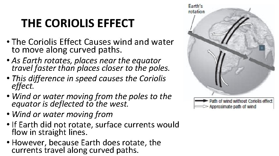 THE CORIOLIS EFFECT • The Coriolis Effect Causes wind and water to move along