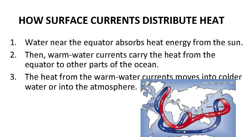 HOW SURFACE CURRENTS DISTRIBUTE HEAT 1. Water near the equator absorbs heat energy from