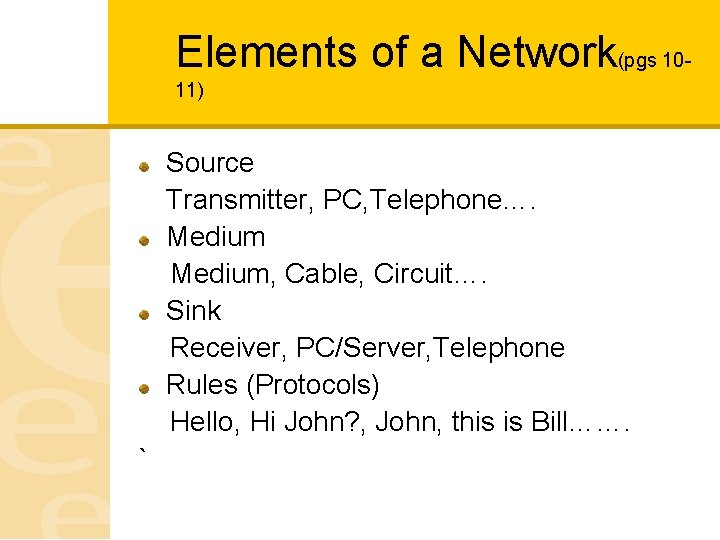 Elements of a Network(pgs 1011) Source Transmitter, PC, Telephone…. Medium, Cable, Circuit…. Sink Receiver,