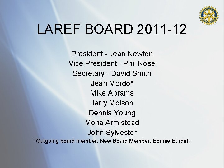 LAREF BOARD 2011 -12 President - Jean Newton Vice President - Phil Rose Secretary