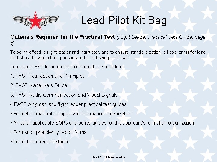 Lead Pilot Kit Bag Materials Required for the Practical Test (Flight Leader Practical Test Lead Pilot Kit Bag Materials Required for the Practical Test (Flight Leader Practical Test