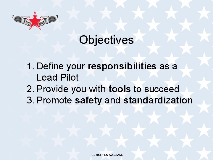 Objectives 1. Define your responsibilities as a Lead Pilot 2. Provide you with tools