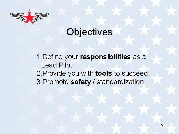 Objectives 1. Define your responsibilities as a Lead Pilot 2. Provide you with tools