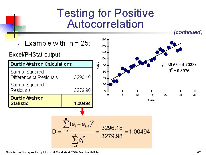 Testing for Positive Autocorrelation § (continued) Example with n = 25: Excel/PHStat output: Durbin-Watson