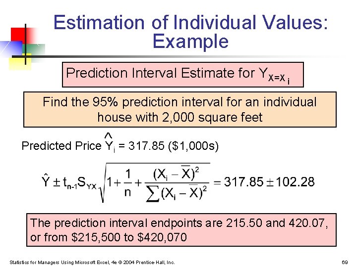 Estimation of Individual Values: Example Prediction Interval Estimate for YX=X i Find the 95%