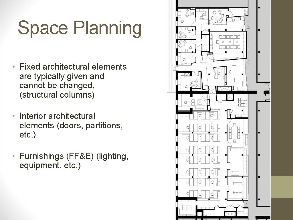 Space Planning • Fixed architectural elements are typically given and cannot be changed, (structural