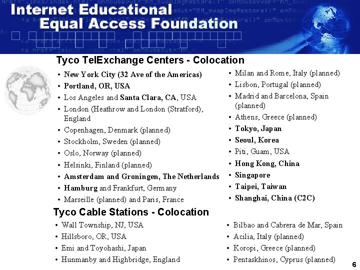 Tyco Tel. Exchange Centers - Colocation • • • New York City (32 Ave