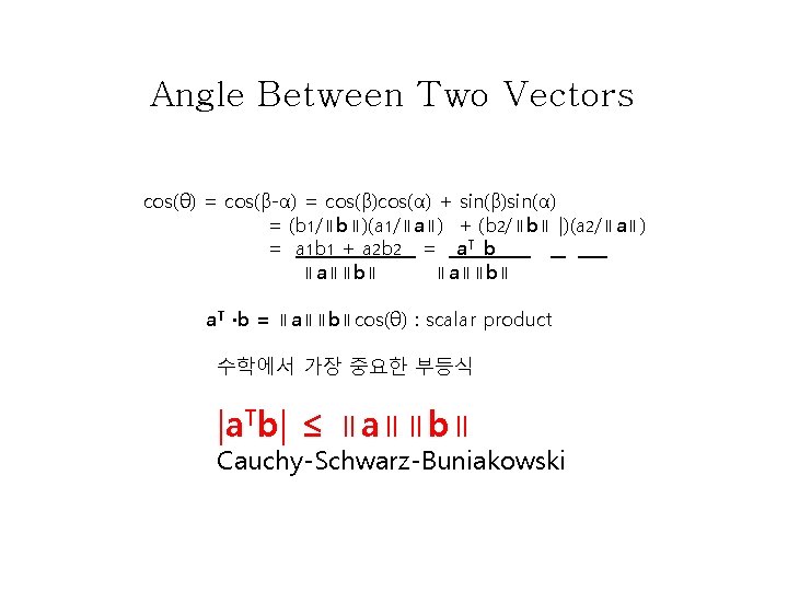Angle Between Two Vectors cos(θ) = cos(β-α) = cos(β)cos(α) + sin(β)sin(α) = (b 1/∥b∥)(a