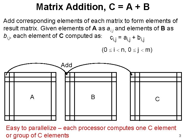Matrix Addition, C = A + B Add corresponding elements of each matrix to