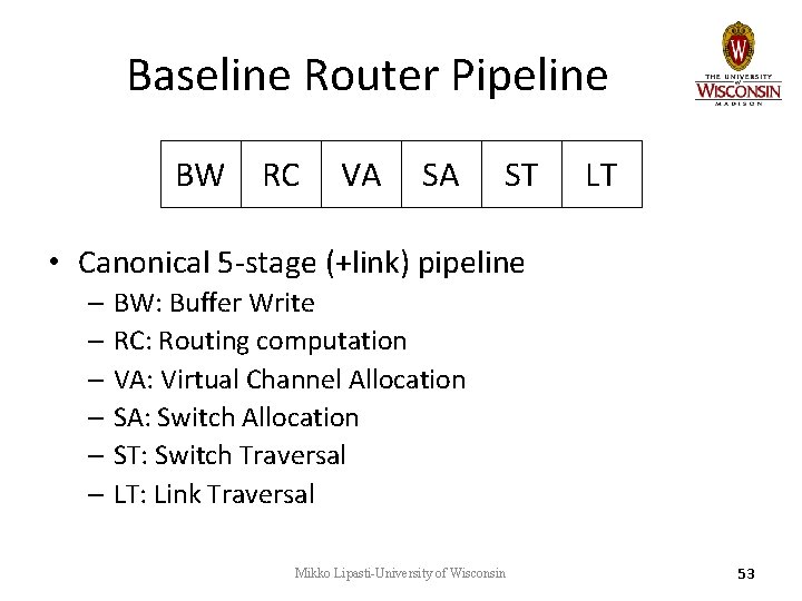 Baseline Router Pipeline BW RC VA SA ST LT • Canonical 5 -stage (+link) Baseline Router Pipeline BW RC VA SA ST LT • Canonical 5 -stage (+link)